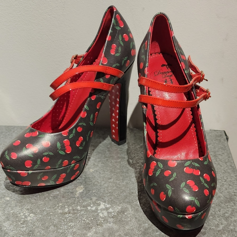 Retro Pin-Up Cherry Print Double Strap Heels by Banned Dancing Days - Picture 6 of 10